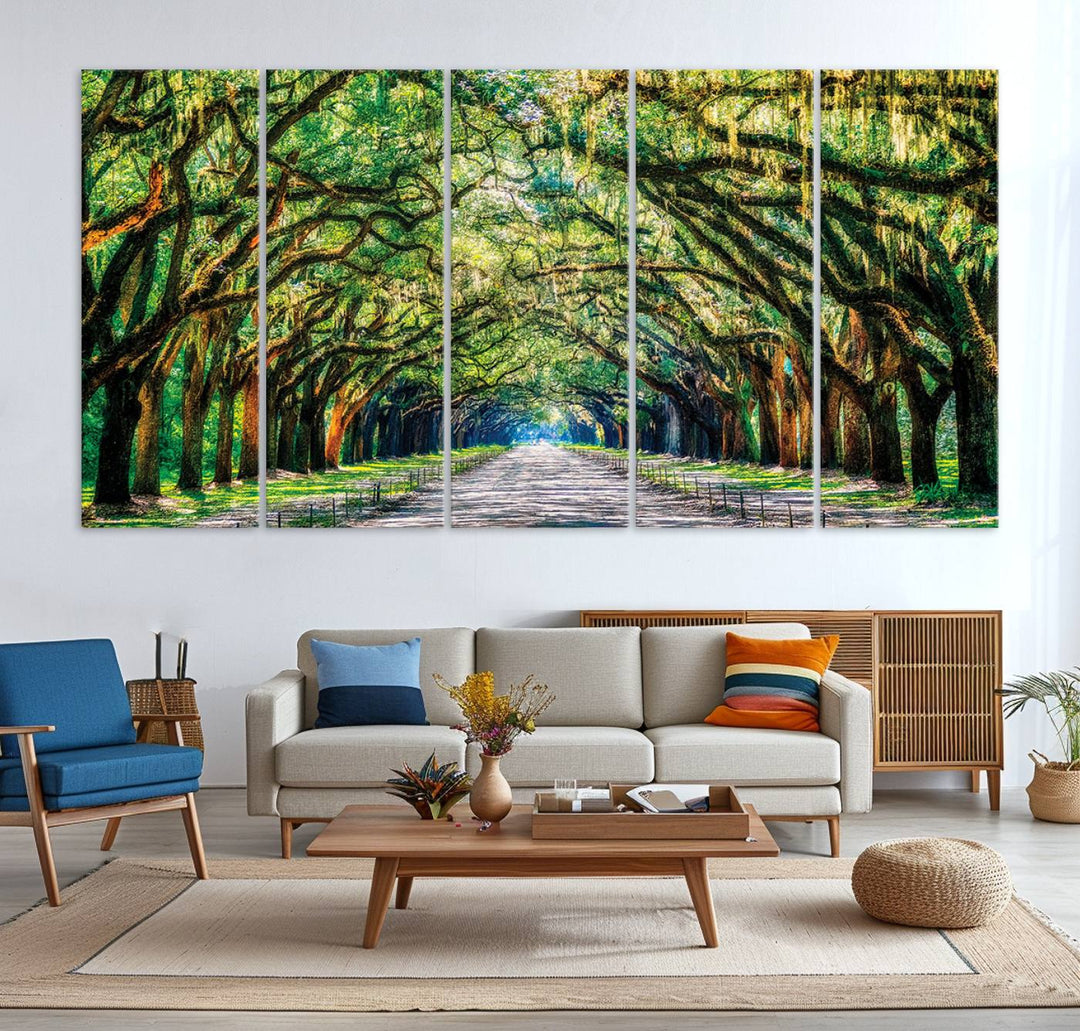 Serene Tree Tunnel Wall Art Canvas Print – Pathway Under Canopy of Lush Green Trees, Nature-Inspired Decor for Living Room – Ready to Hang