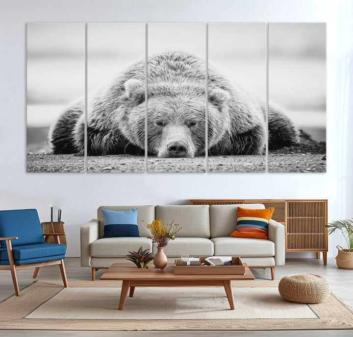 Resting Grizzly Bear wall art displayed in a modern room.