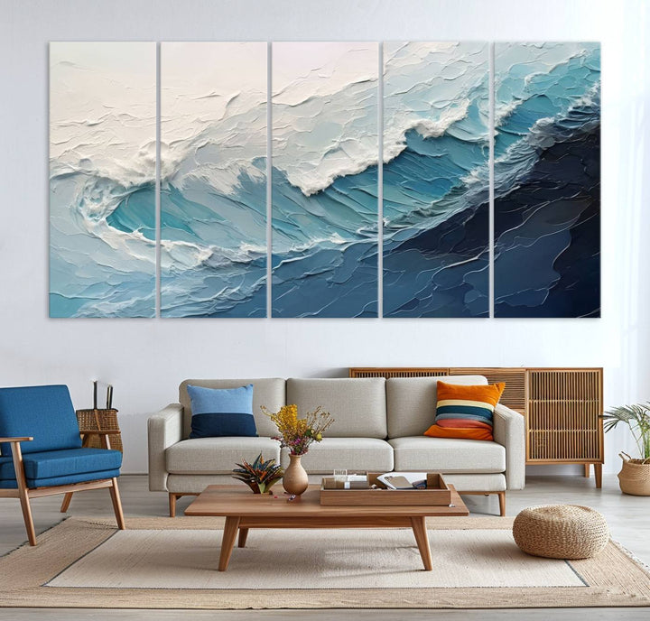 The Blue Abstract Wave Ocean Wall Art Canvas Print hangs prominently.