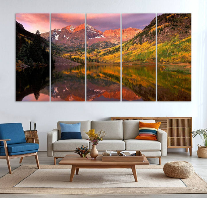 The Colorado Rockies Mountain Sunset Wall Art is a scenic nature canvas, ready to hang.