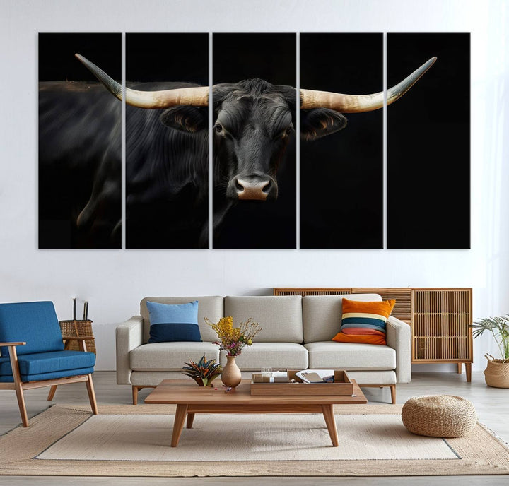 Texas Longhorn Cow | Majestic Black Bull Wall Art Canvas Print - Farmhouse Animal Decor - Ready to Hang