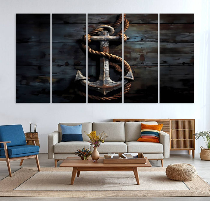 The wooden wall displays a 3 Panel Grunge Abstract Anchor Wall Art Canvas Print Set.