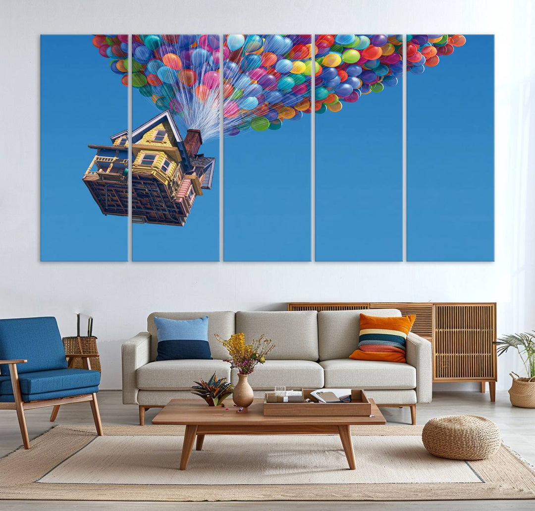 The "Carl Fredricksen, Up Movie Wall Art" features a three-panel design with a house lifted by colorful balloons, adding whimsical decor to any space.