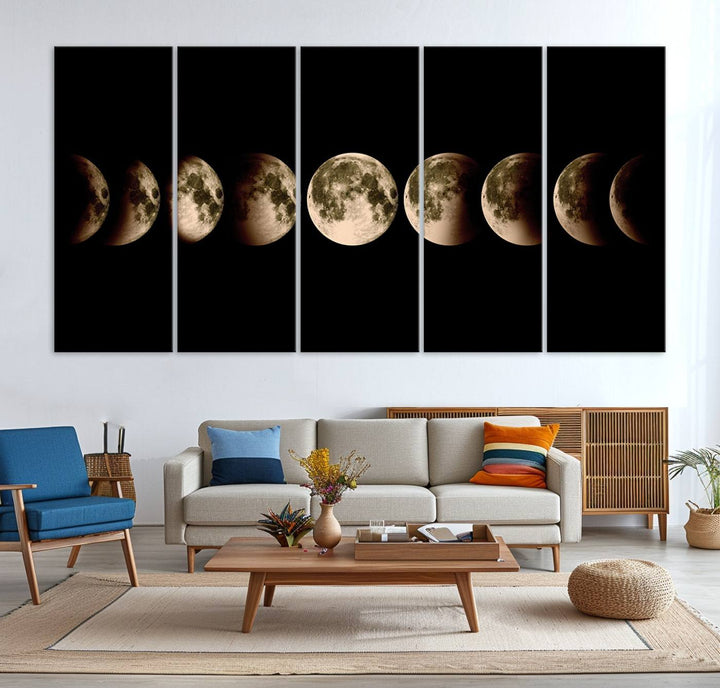 The "Phases of the Moon Wall Art" canvas print elegantly hangs on the wall.