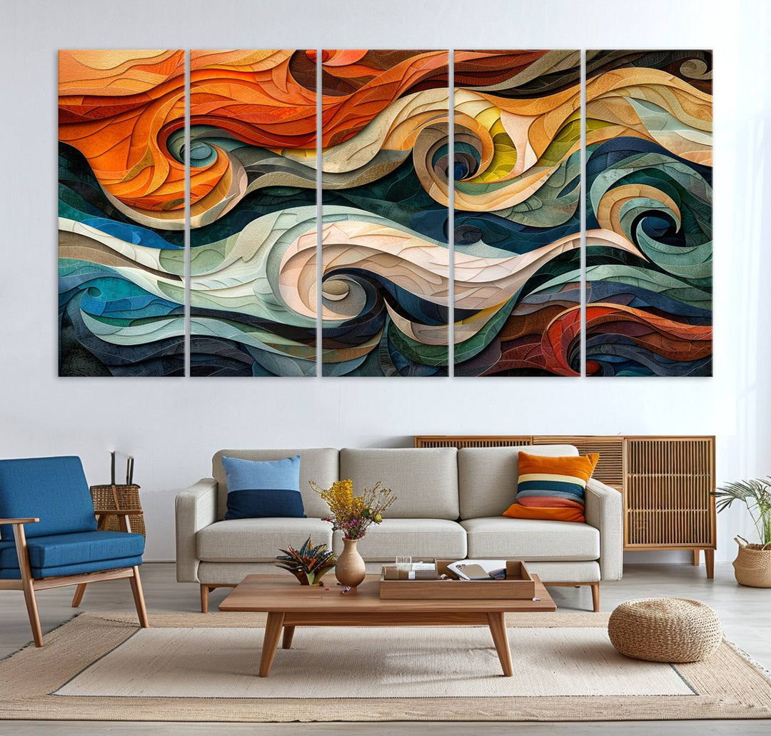 Abstract Wave Wall Art is a ready-to-hang framed canvas print featuring swirling orange, blue, and white patterns. It's perfect for adding vibrant decor to modern spaces.