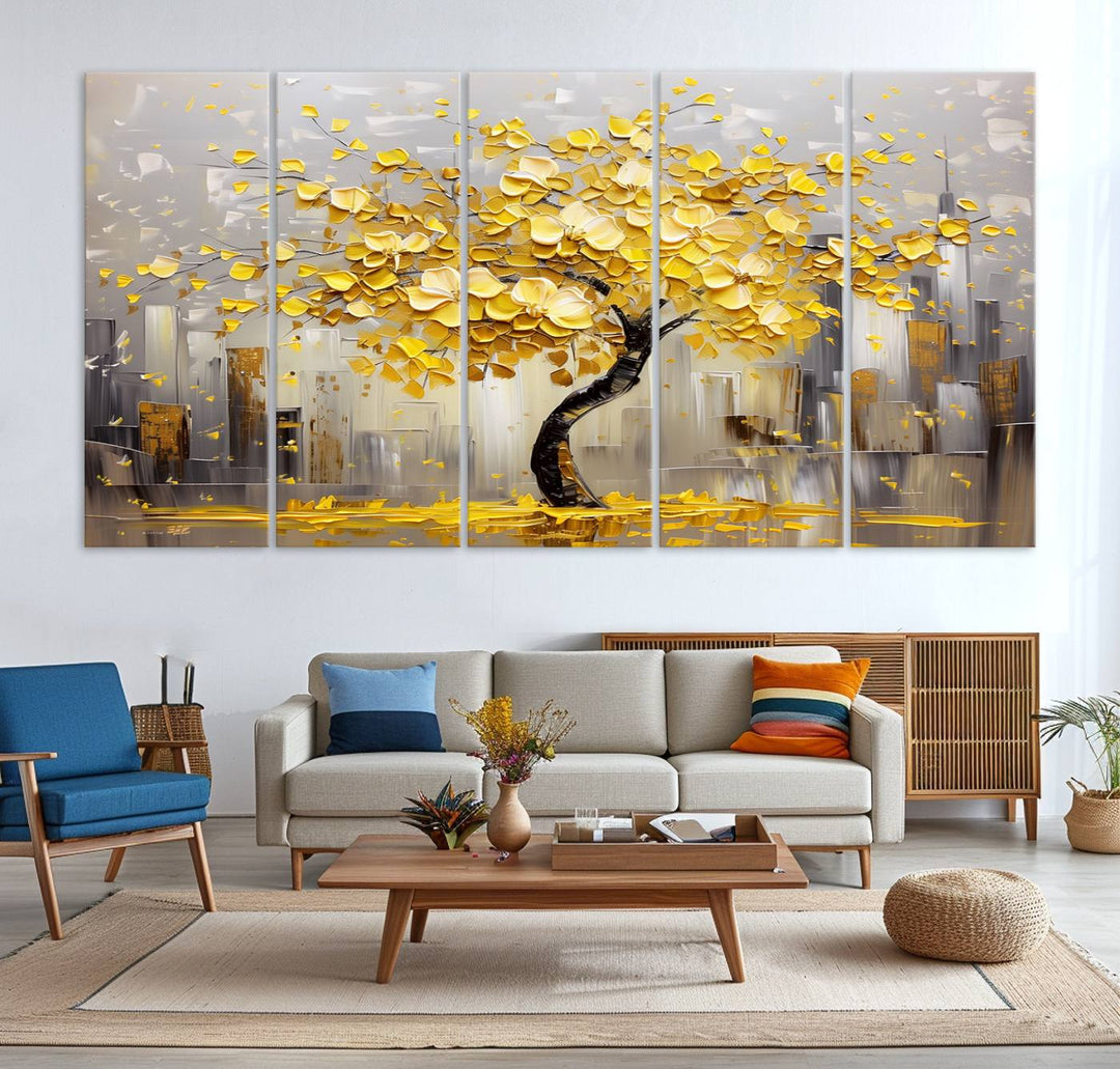 A framed canvas print from the "Golden Tree Canvas Print | Abstract Wall Art for Modern Homes | Ready to Hang Framed Artwork" collection hangs elegantly against the dark wall, epitomizing exquisite abstract wall art.