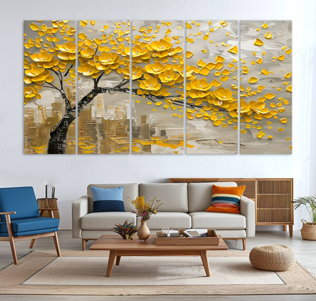 Yellow Blossom Tree Canvas Wall Art, featuring a floral abstract modern design, is elegantly displayed against a dark wall. This sophisticated piece enhances the contemporary aesthetic of the space.