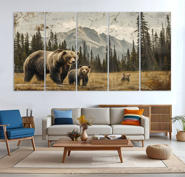 Rustic Grizzly 399: Bear Family Wall Art Canvas Print.