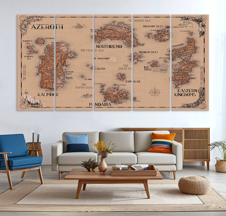 The Vintage Azeroth World Map Canvas Print, a stunning three-piece set, enhances the space with its vintage charm, perfectly complementing your gaming decor.