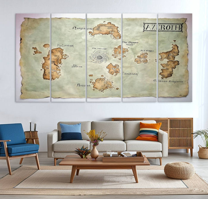 The Azeroth World Map Wall Art Canvas Print, a three-panel vintage piece, brings a cozy fantasy gaming atmosphere to the room.