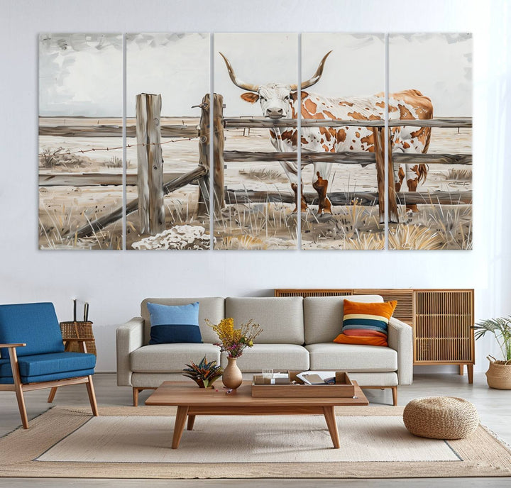 The Abstract Longhorn Cow Wall Art, a ready-to-hang framed canvas print, adds rustic charm and perfectly captures the essence of rural elegance.