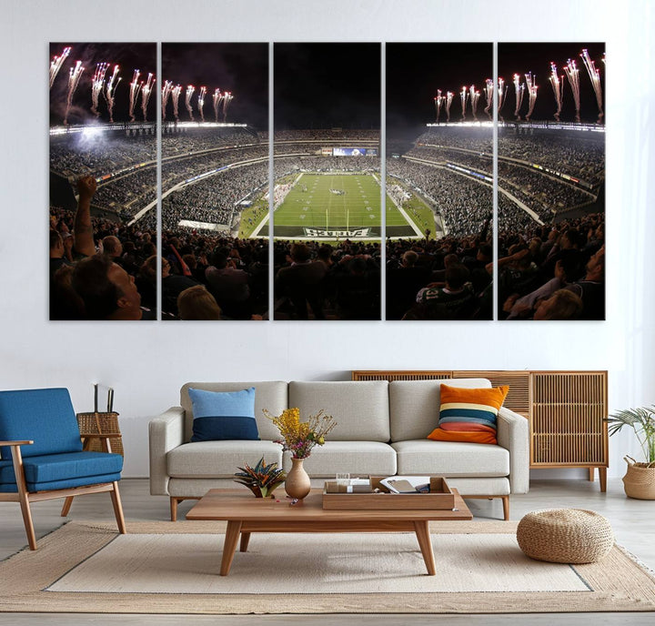 The living room features a spectacular Philadelphia Eagles Football Team Print. This wall art canvas print of Lincoln Financial Field at night captures a Philadelphia Eagles game under the dazzling brilliance of fireworks, making it an eye-catching centerpiece.