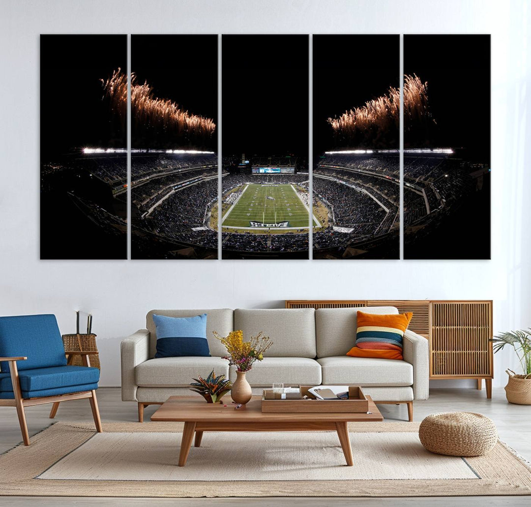 Eagles Stadium Wall Art depicting a nighttime game and fireworks at Lincoln Financial Field.