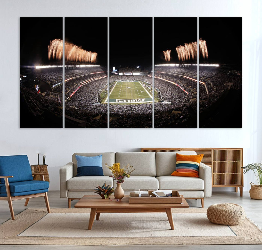 Experience the breathtaking Lincoln Financial Field Fireworks Game captured in this triple canvas wall art. A must-have for any Philadelphia Eagles fan!