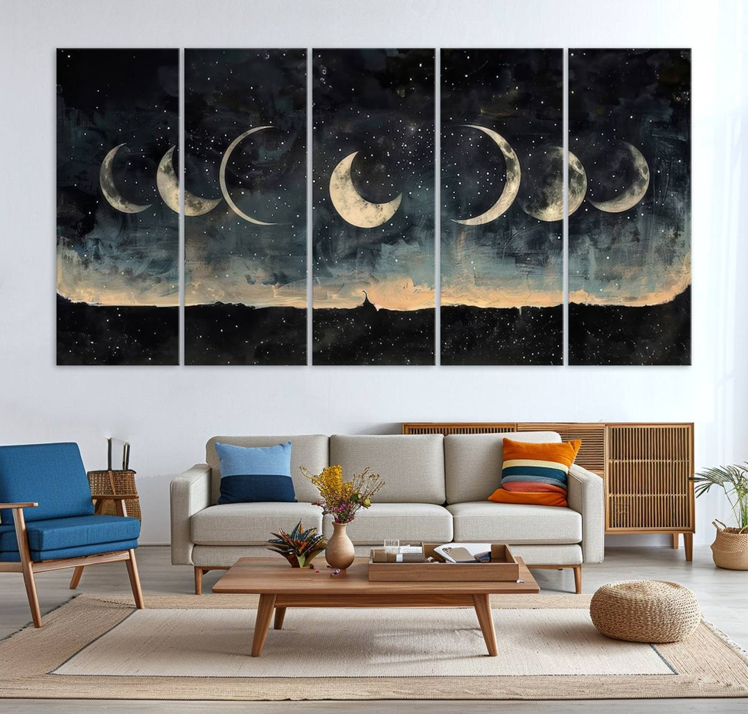 The "Phases of the Moon Wall Art," a framed canvas series capturing the celestial beauty of lunar cycles against a starry night, adds an elegant touch to the contemporary dining room.