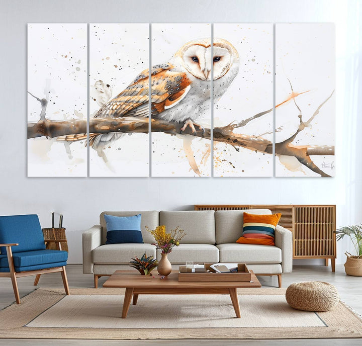 Introduce the tranquility of nature into your home with this stunning canvas print, featuring a Barn Owl on a branch. This triptych wall art, ready to hang and elegantly framed, is perfect for nature lovers seeking serene decor pieces.