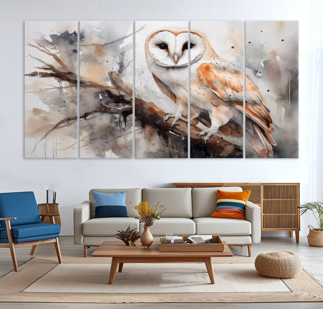 The Barn Owl Wall Art, a watercolor canvas print, elegantly adorns the wall in a modern living room, seamlessly merging farmhouse wall decor with contemporary style.