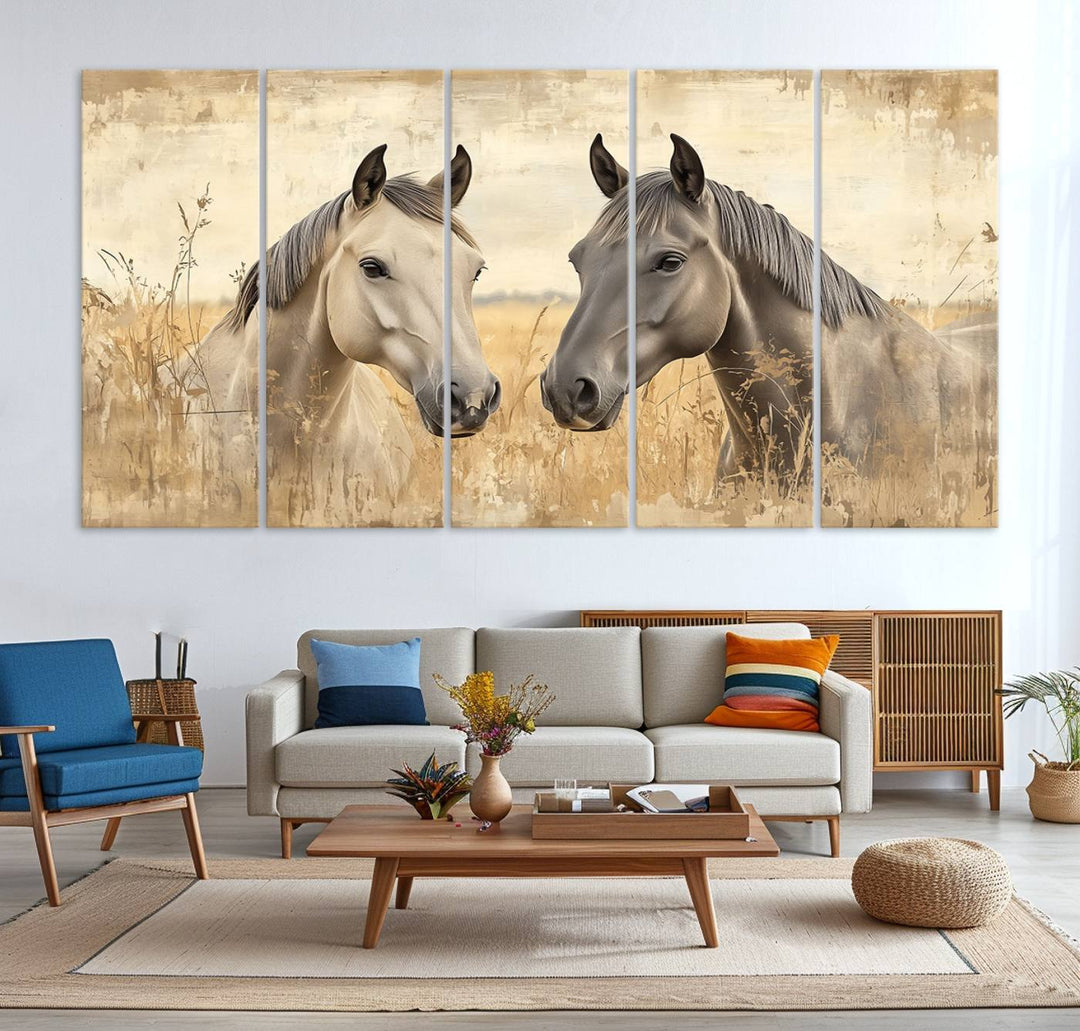 The "Chinese Ink Style Grunge Horses Wall Art Canvas Print," featuring two horses in a field, hangs prominently, highlighting its museum-quality canvas and high-resolution printing.