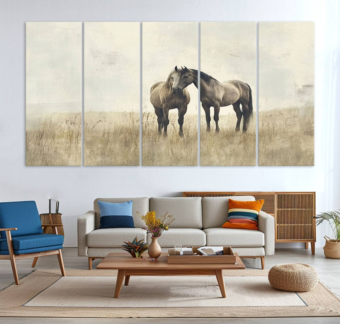 The Chinese Style Grunge Horses Wall Art Canvas Print, featuring a three-panel design of two horses in a misty field, is crafted on museum-quality canvas using high-resolution printing and hangs elegantly.