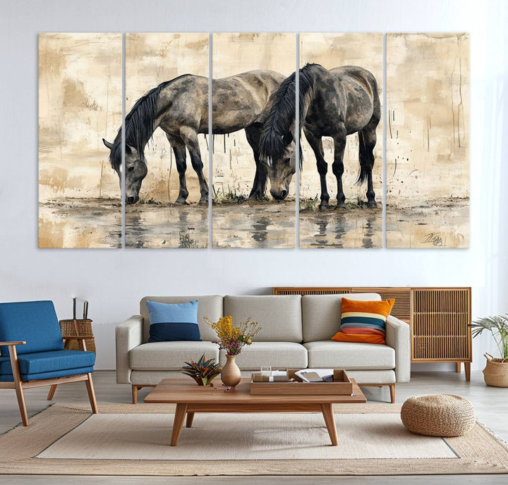 Chines Ink Style Black Horses Wall Art Canvas Print features a triptych painting of two horses drinking at the water's edge.