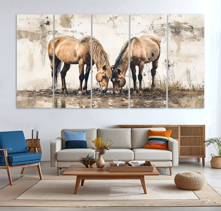 The Vintage Horses Wall Art, a ready-to-hang and framed triptych, beautifully captures two horses gracefully grazing. It perfectly complements the rustic charm of western farmhouse wall decor.