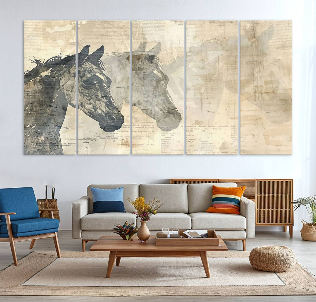 The Abstract Horse Canvas Print, part of the Modern Farmhouse Wall Art collection and ready to hang with its framed design, enhances the decor when displayed as a three-panel set on a dark wall.