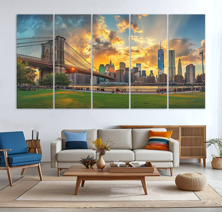 The "Brooklyn Bridge New York Skyline Wall Art" is a ready-to-hang framed canvas print that beautifully captures the cityscape at sunset, showcasing the iconic Brooklyn Bridge and majestic skyscrapers.