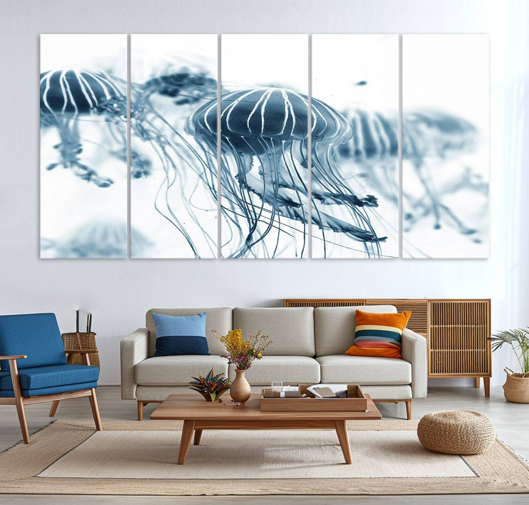 The Abstract Jellyfish Wall Art Canvas Print, a three-panel piece featuring high-resolution printing, hangs elegantly in the room, adding vibrant detail to the space.