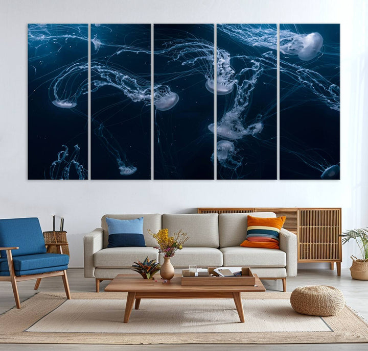 Room with modern decor, featuring the Abstract Jellyfish in Ocean Wall Art Canvas Print on museum-quality canvas.