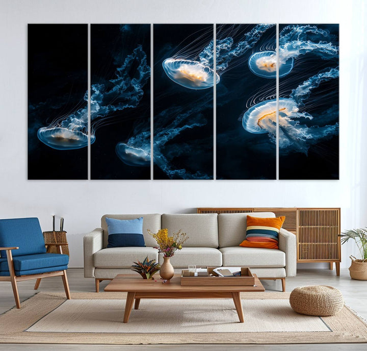 The "Jellyfish Wall Art Canvas Print," featuring a sea-themed design of glowing jellyfish, is displayed in high-resolution on museum-quality canvas.