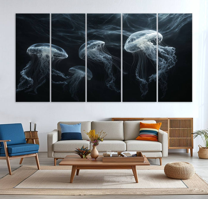 The Jellyfish Wall Art Canvas Print features glowing jellyfish in vibrant colors on museum-quality canvas.