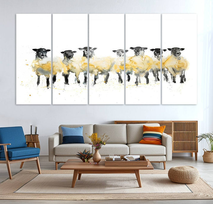 The Farmhouse Wall Art Sheep Print, ready to hang as a framed canvas, adorns the black wall, adding a hint of rustic barn decor.