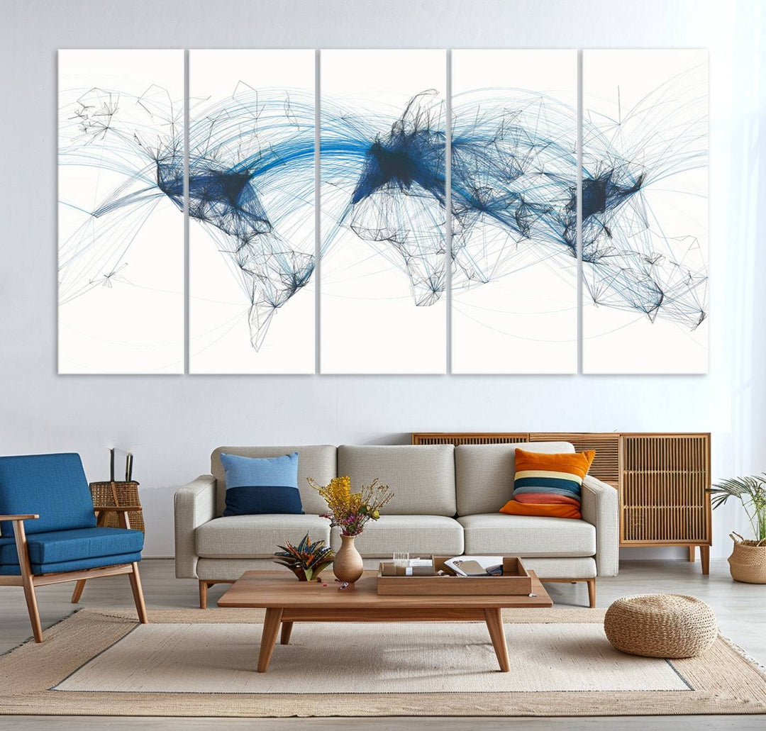 The Aviation Flight Map Wall Art is a set of three abstract panels featuring a world map with blue lines, resembling a flight map. Ideal for aviation enthusiasts, this ready-to-hang framed air traffic art print enhances the appeal of modern decor.