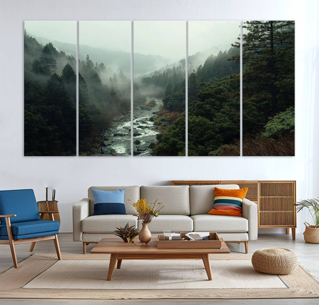 Misty Forest Wall Art | Ready to Hang and Framed | Tranquil Nature Landscape for Living Room or Cabin Wall Decor