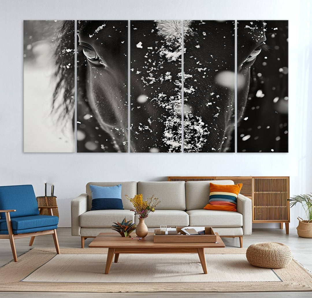 The Winter Horse Snow Wall Art Canvas Print, a black and white triptych showcasing a snow-covered horse's face, infuses the space with rustic cabin decor.