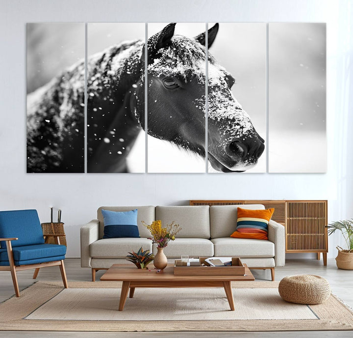 A set of Winter Horse Snow Wall Art Canvas Prints hangs, creating the perfect touch of Rustic Cabin Decor.