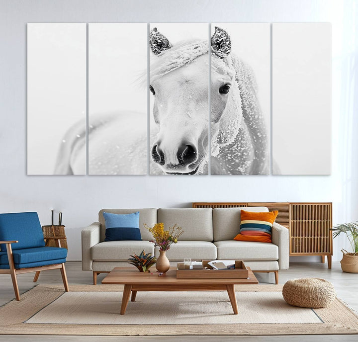 The dining room features the Majestic White Horse Wall Art, adding to its rustic charm.