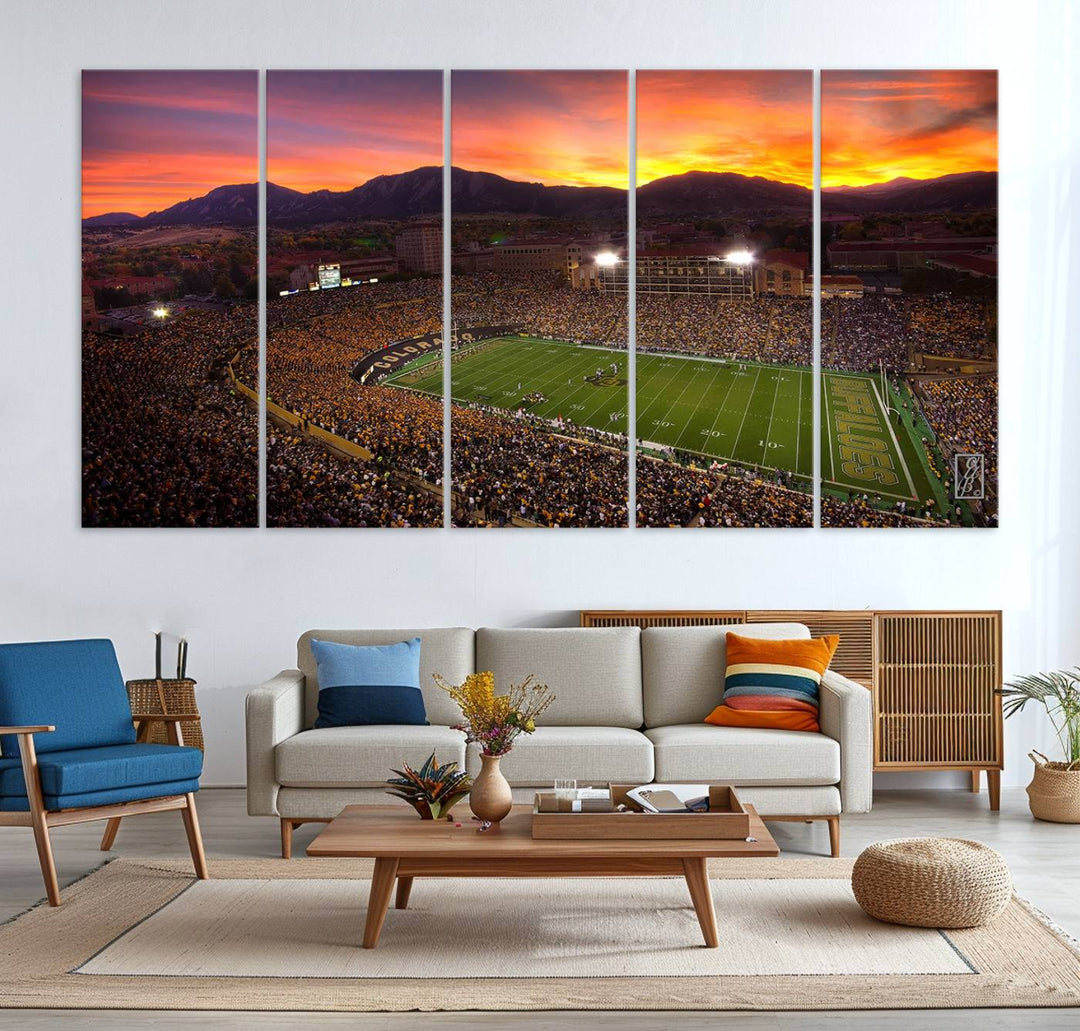 The living room showcases a lively wall art canvas print titled "Folsom Field - University of Colorado Buffaloes Football Stadium," capturing the essence of the University of Colorado.