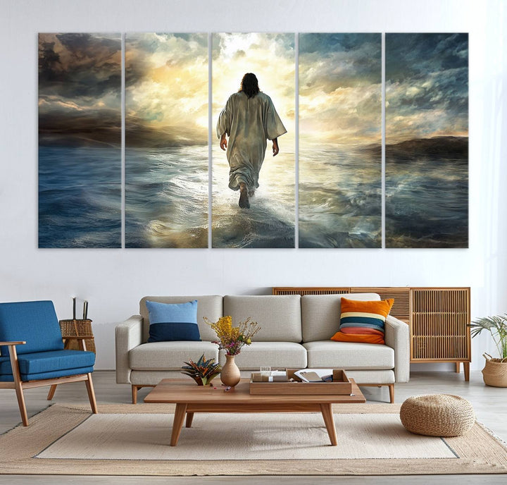 The Jesus Walking on Water Wall Art, a captivating triptych canvas print, showcases a person walking on water beneath dramatic clouds. This ready-to-hang piece seamlessly combines faith and style for your Christian home decor.