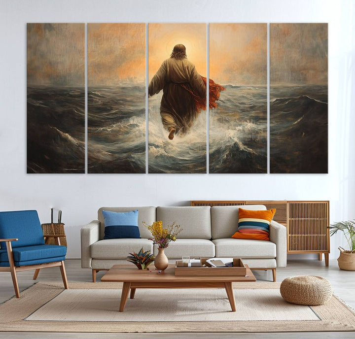 A modern living room is adorned with a triptych titled "Jesus Walking on Water, Christian Wall Art, Jesus Christ Walking on Oil Painting Style Print." The artwork, presented on museum-quality canvas, showcases vibrant colors and exquisite detail.