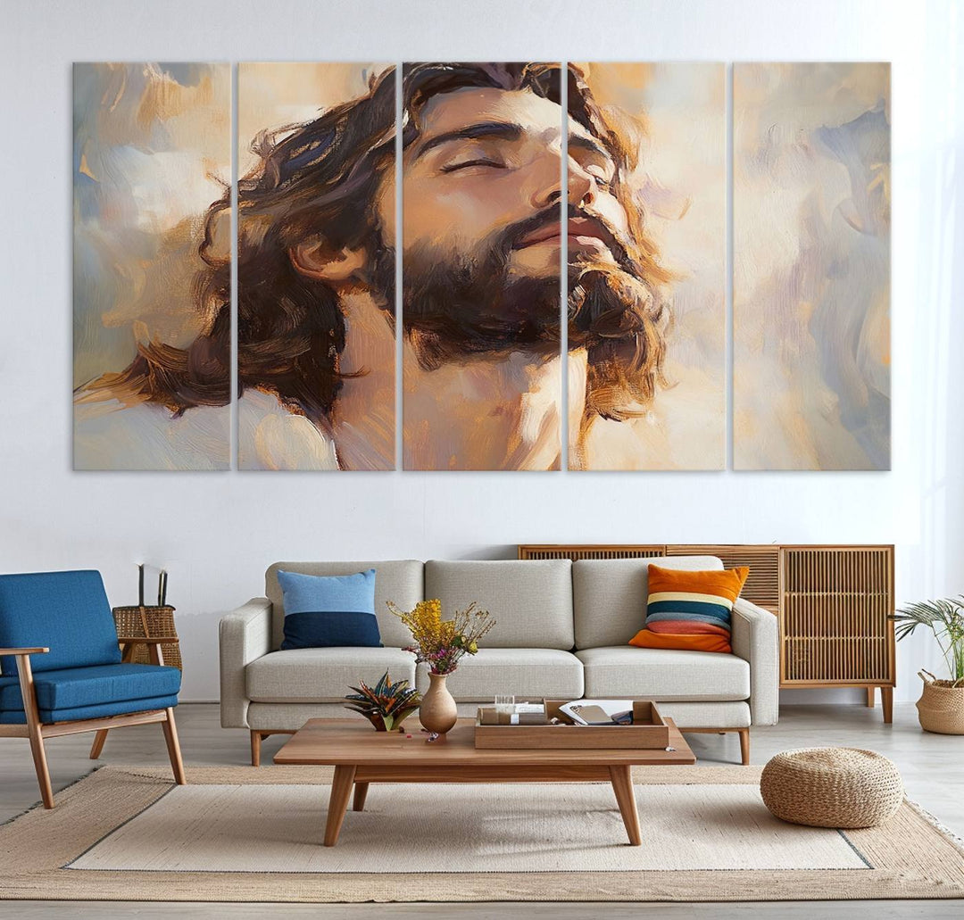 This museum-quality canvas print, titled "Jesus Portrait," features an oil painting style depiction of Jesus Christ with a closed-eyed expression. The high-resolution printing captures every detail beautifully.