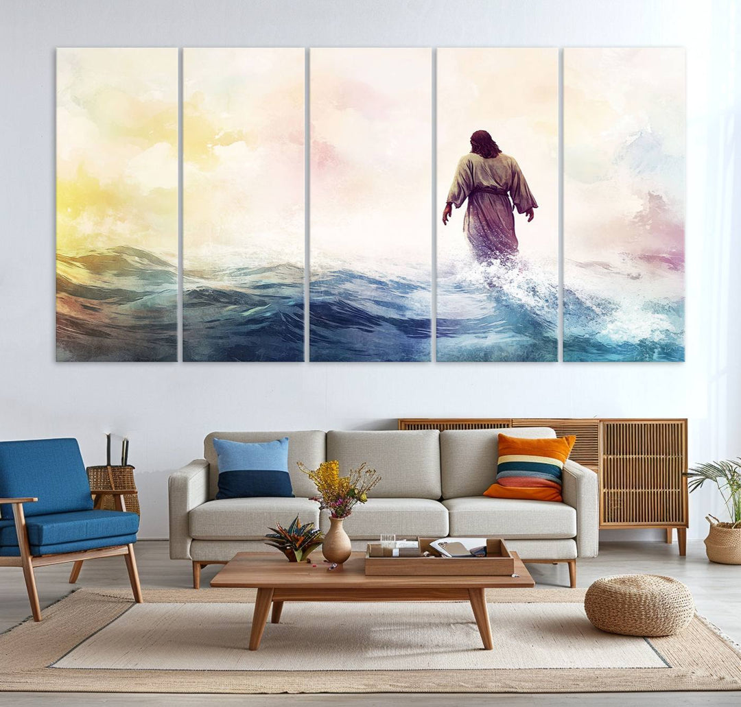 Watercolor Jesus Walking on Water Canvas Print, Christian Wall Art, Jesus Christ Walking