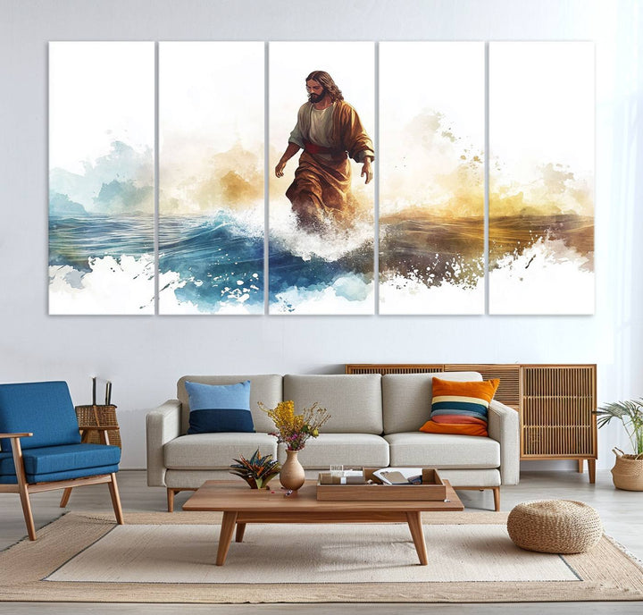 Watercolor Jesus Walking on Water Canvas Print, Christian Wall Art, Jesus Christ Walking