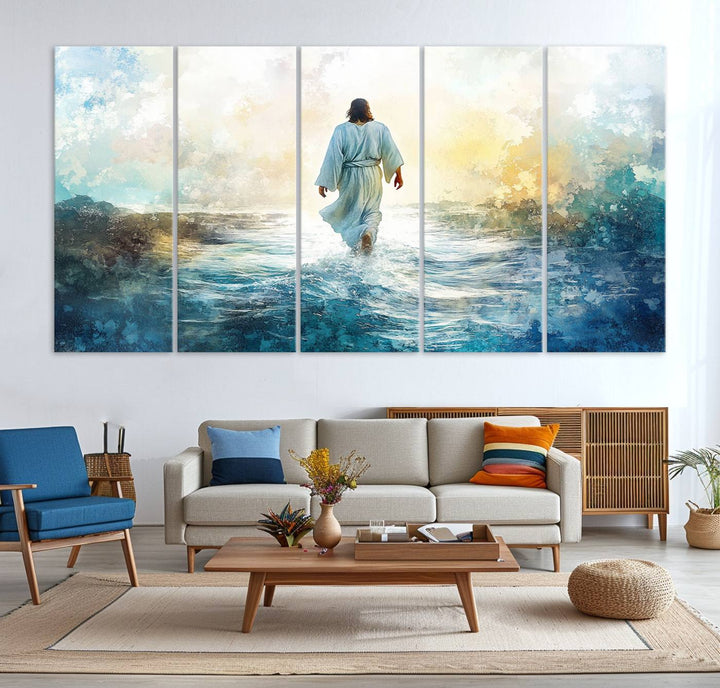 Watercolor Jesus Walking on Water Canvas Print, Christian Wall Art, Jesus Christ Walking