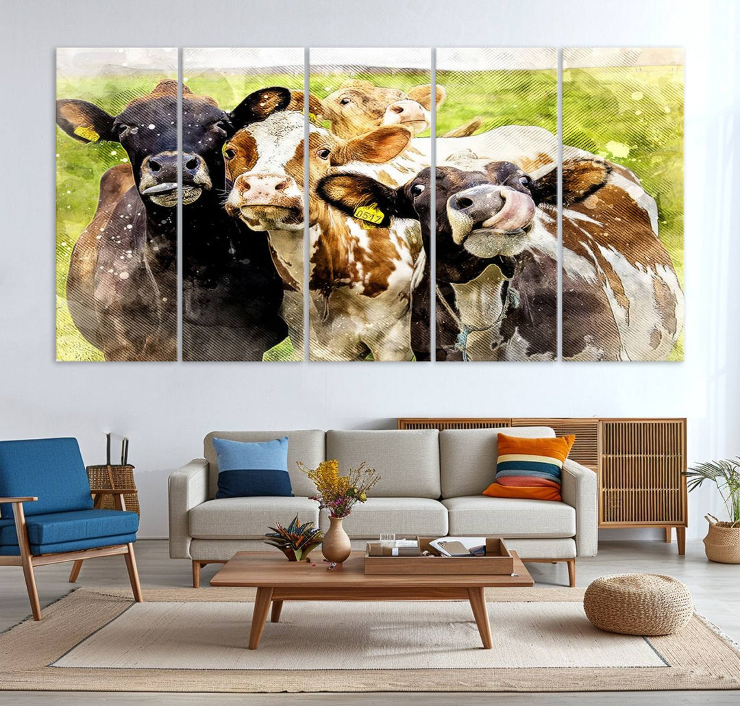 A charming triptych featuring the "Curious Cows Farmhouse Wall Art," a ready-to-hang and framed canvas print, adds a touch of rustic farm decor to the space.