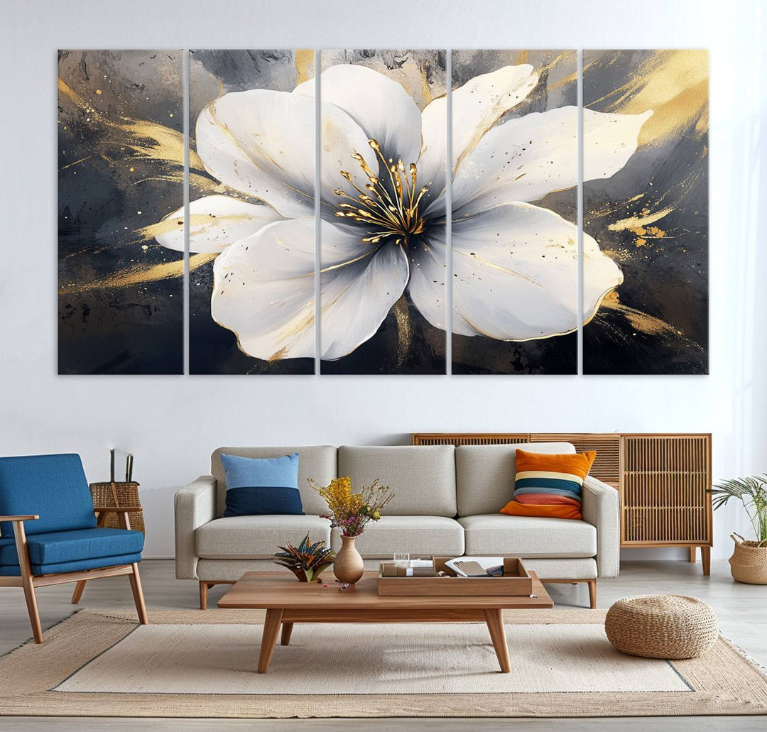 White Flower Wall Art | Canvas Print | Ready to Hang | Abstract Floral Wall Decor | Elegant Bloom Artwork | Framed for Living Room or Bedroom