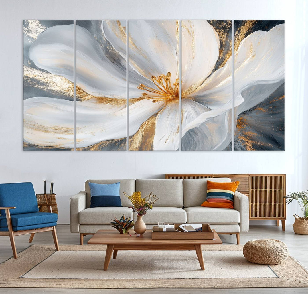 White and Gold Floral Canvas Wall Art - Framed and Ready to Hang - Perfect for Modern Living Rooms