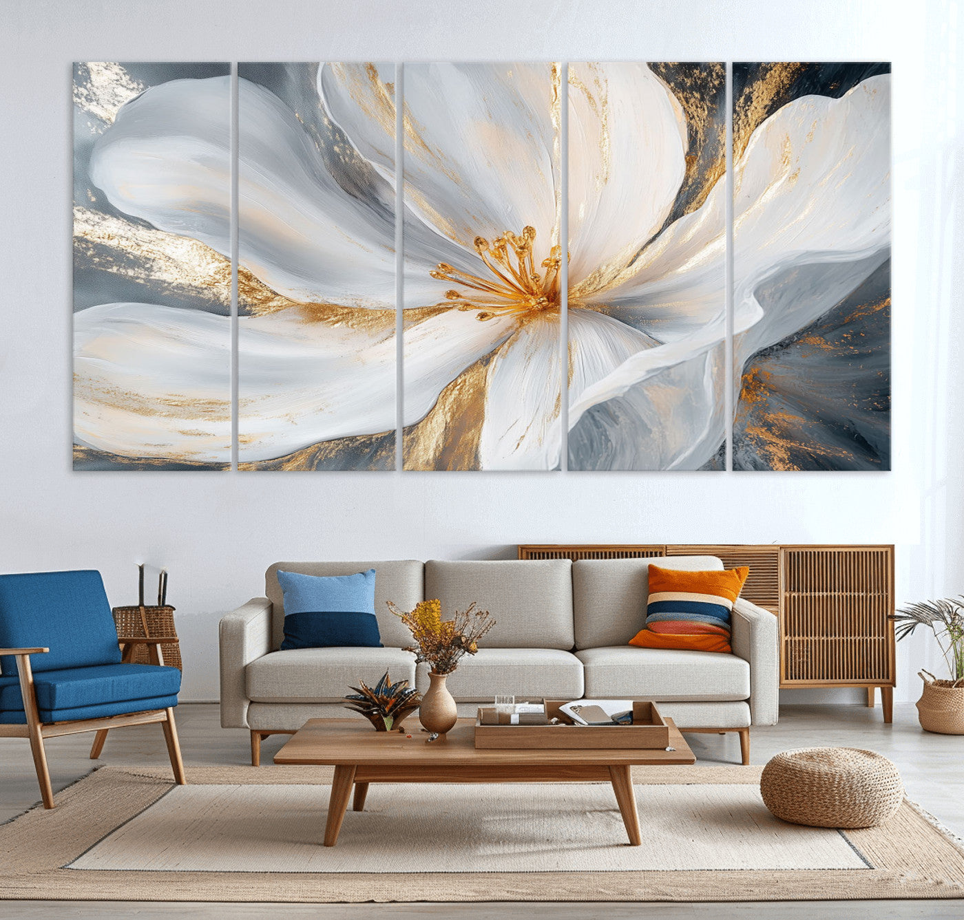 83149-MGV-CV-36X24-White and Gold Floral Canvas Wall Art - Framed and Ready to Hang - Perfect for Modern Living Rooms