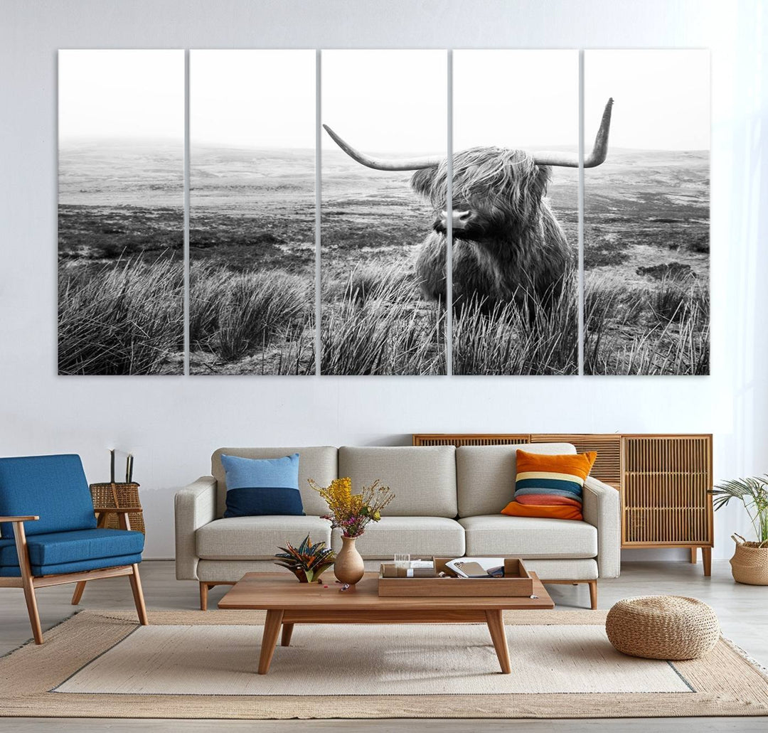 Scottish Highland Cow Wall Art | Black and White Canvas Print | Ready to Hang and Framed | Rustic Farmhouse Wall Decor for Living Room or Office