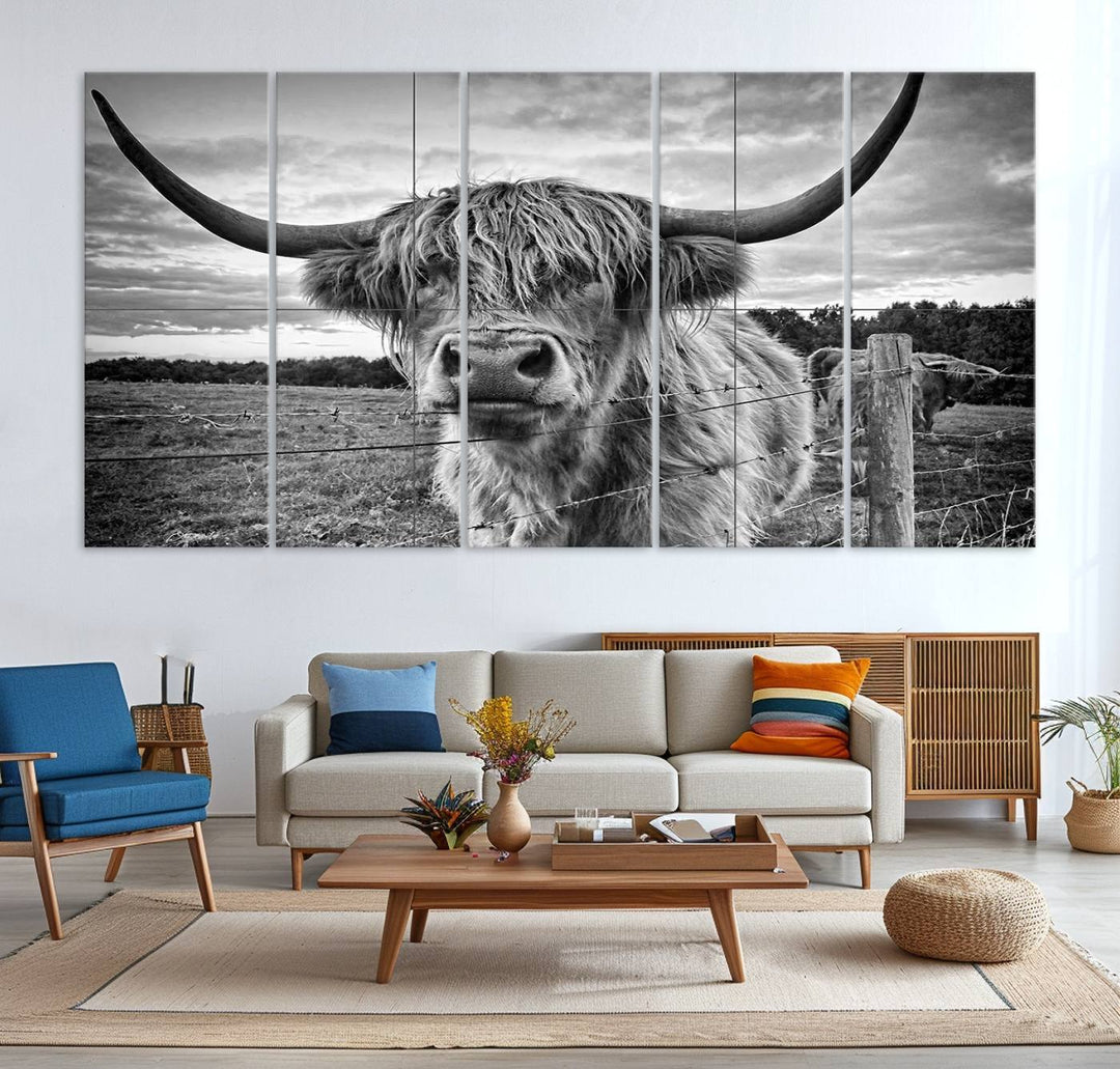 Scottish Highland Cow Wall Art Canvas Print | Ready to Hang and Framed | Rustic Farmhouse Decor